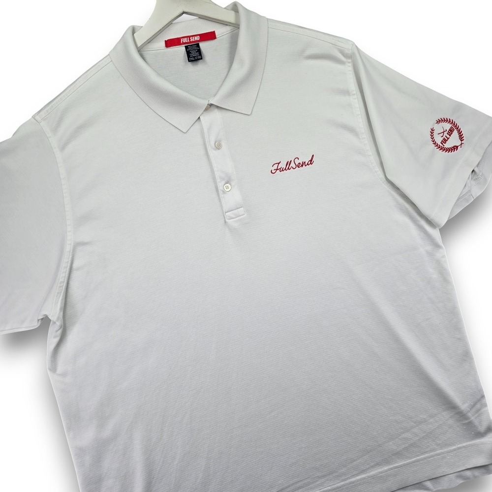 FULL SEND Polo Shirt Mens 2XL White Pima Cotton Pique Embroidered Logo Short